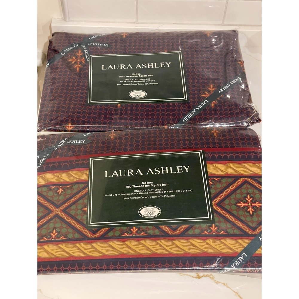 Vintage Laura Ashley Hamilton Full/Double Sheets Fitted Flat Navy Burgundy New